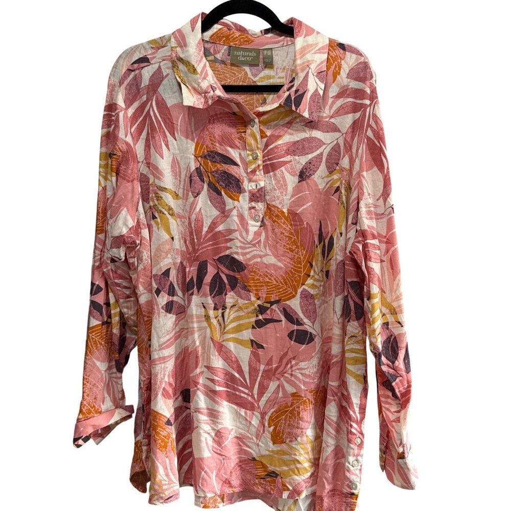 Naturals D&Co. Womens 2X Floral Button-Up Top Pink/Orange Linen/Viscose